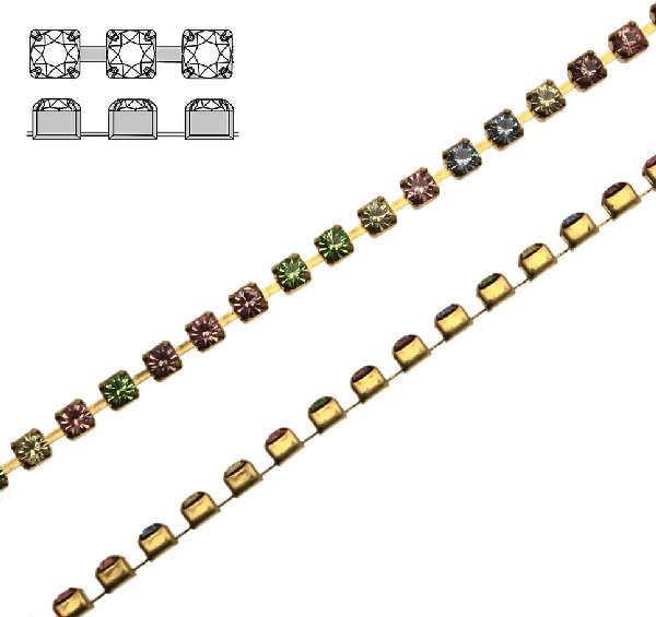 Catena strass, con cristalli Swarovski, base in metallo colore ottone, colore strass MULTICOLOR