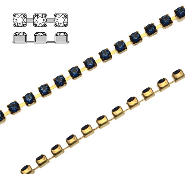 Catena strass, con cristalli Swarovski, base in metallo colore ottone, colore strass CAPRI BLUE