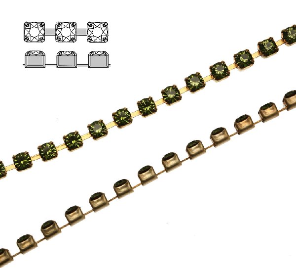 Catena strass, con cristalli Swarovski, base in metallo colore ottone, colore strass OLIVINE