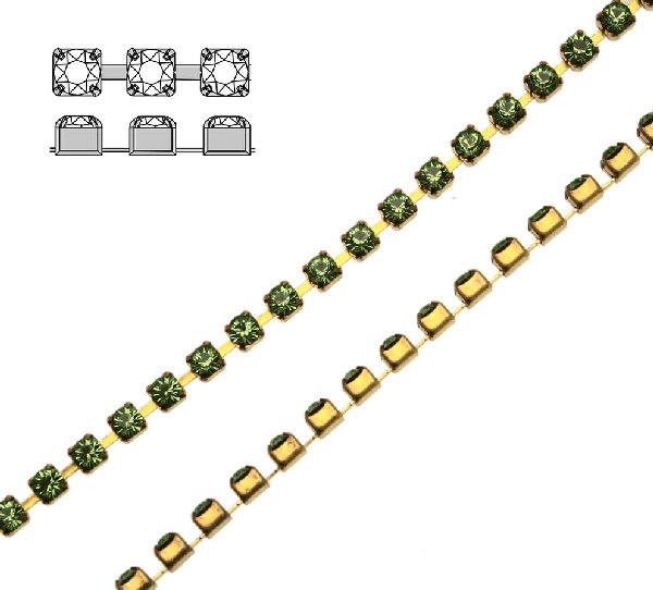 Catena strass, con cristalli Swarovski, base in metallo colore ottone, colore strass PERIDOT