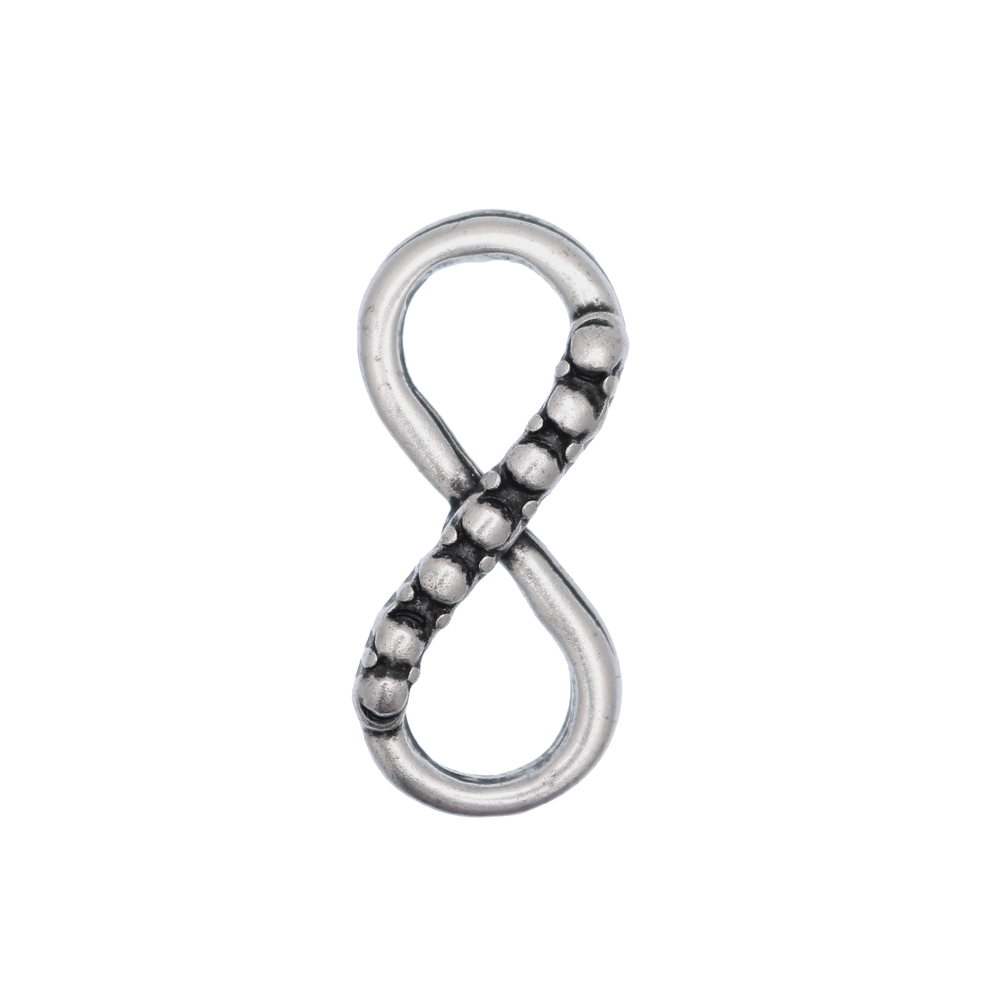 Accessorio a forma di infinito, liscio, con un lato lavorato a pallini, 14x33 mm.