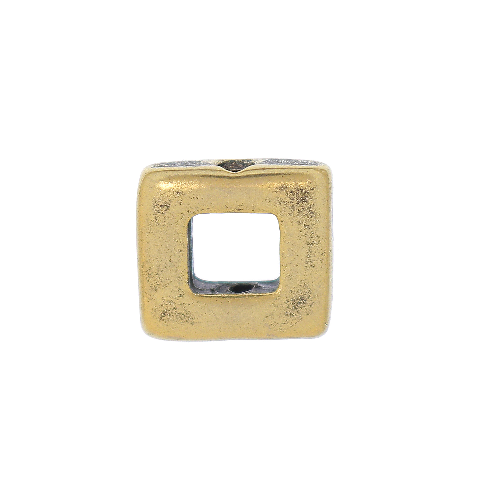 Quadrato liscio, piatto e grosso, forato al centro, con foro passante, 14x14 mm.