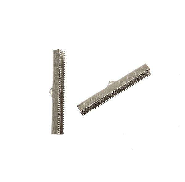 Confezione da 2 pezzi del finalino ferma nastro zigrinato, con graffette finali e anello, per nastri alti 38 mm.