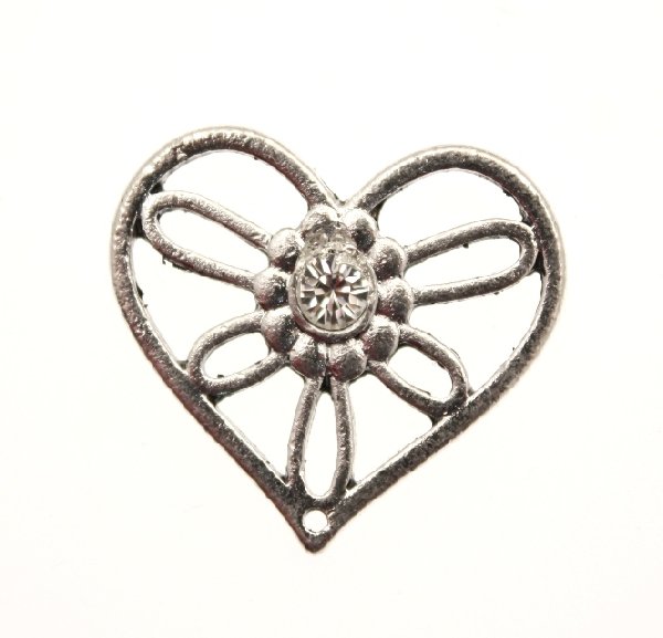 Ciondolo a forma di cuore rovesciato con 1 foro in alto e strass centrale crystal, 25x20 mm. Base argento antico