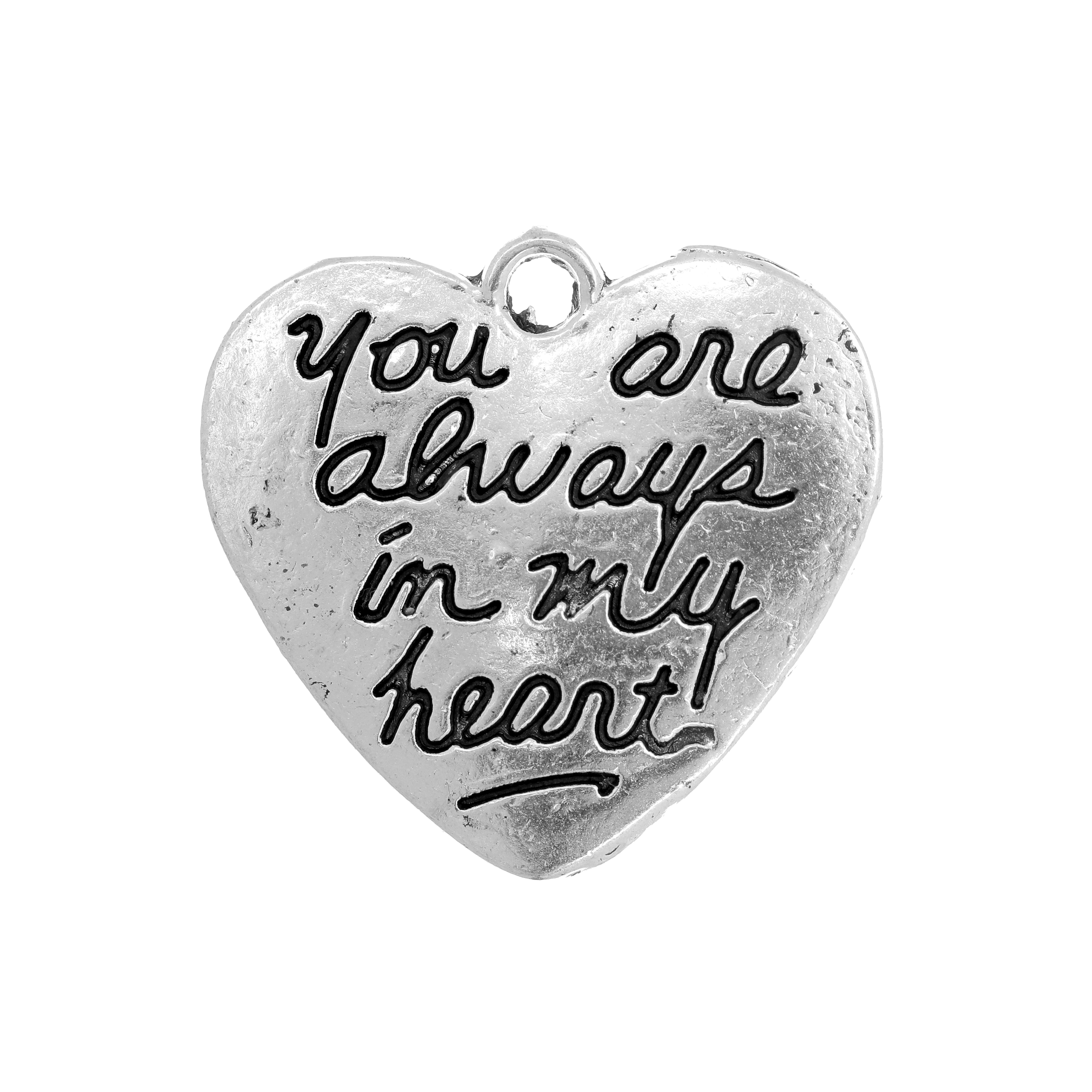 Ciondolo cuore piatto con scritta 20x20 mm Arg. Anticato