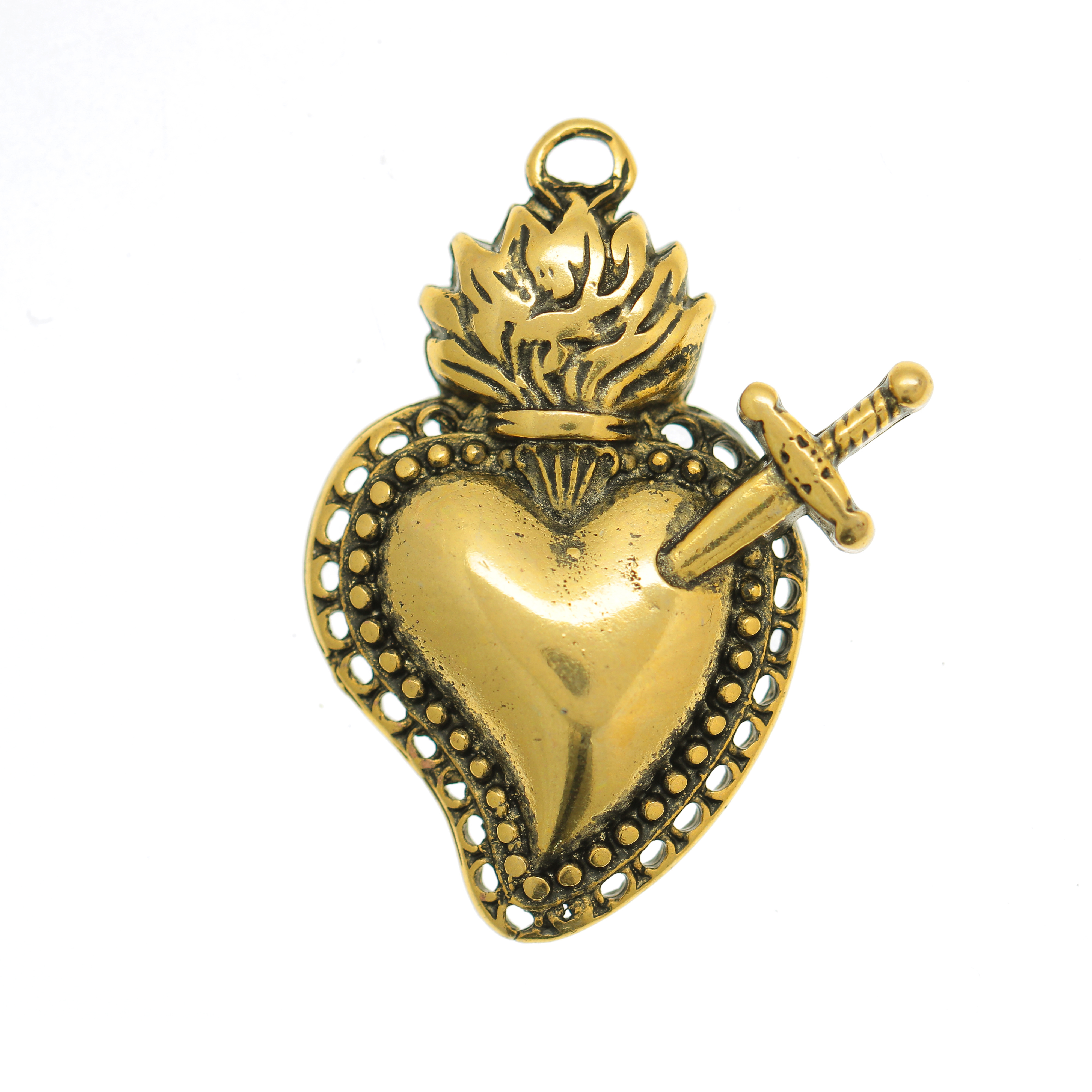 Ciondolo a forma di cuore sacro con pugnale, 31x23 mm.