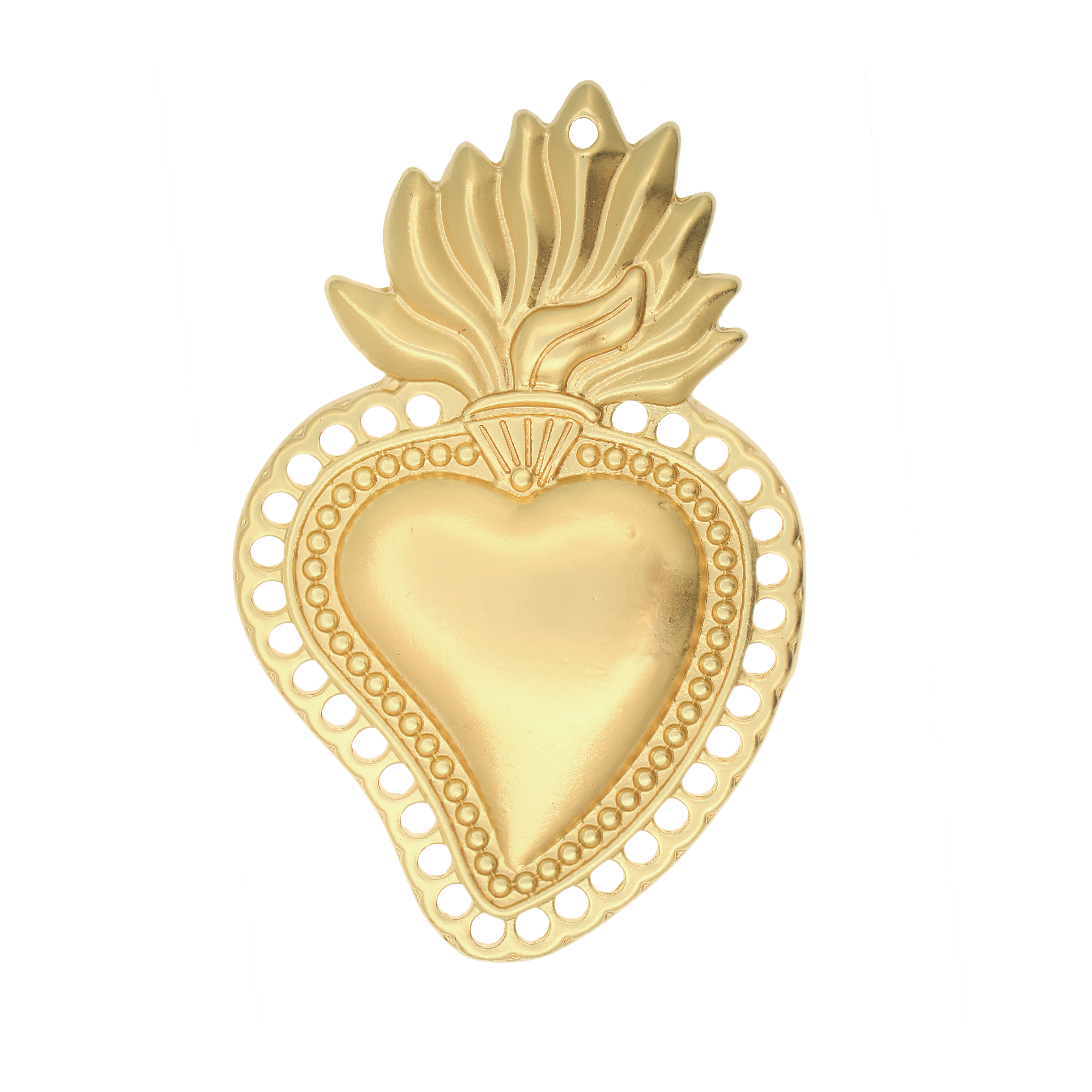 Ciondolo Cuore Sacro, 46x30 mm., con contorno traforato, colore Oro Opaco