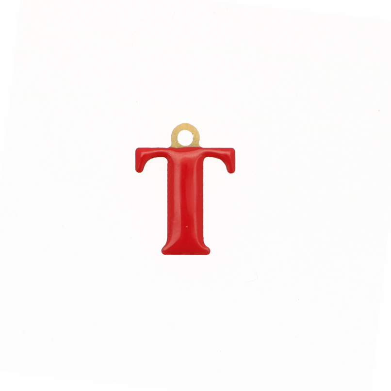  Ciondolo a forma di lettera "T", smaltato Rosso, 10x14 mm.