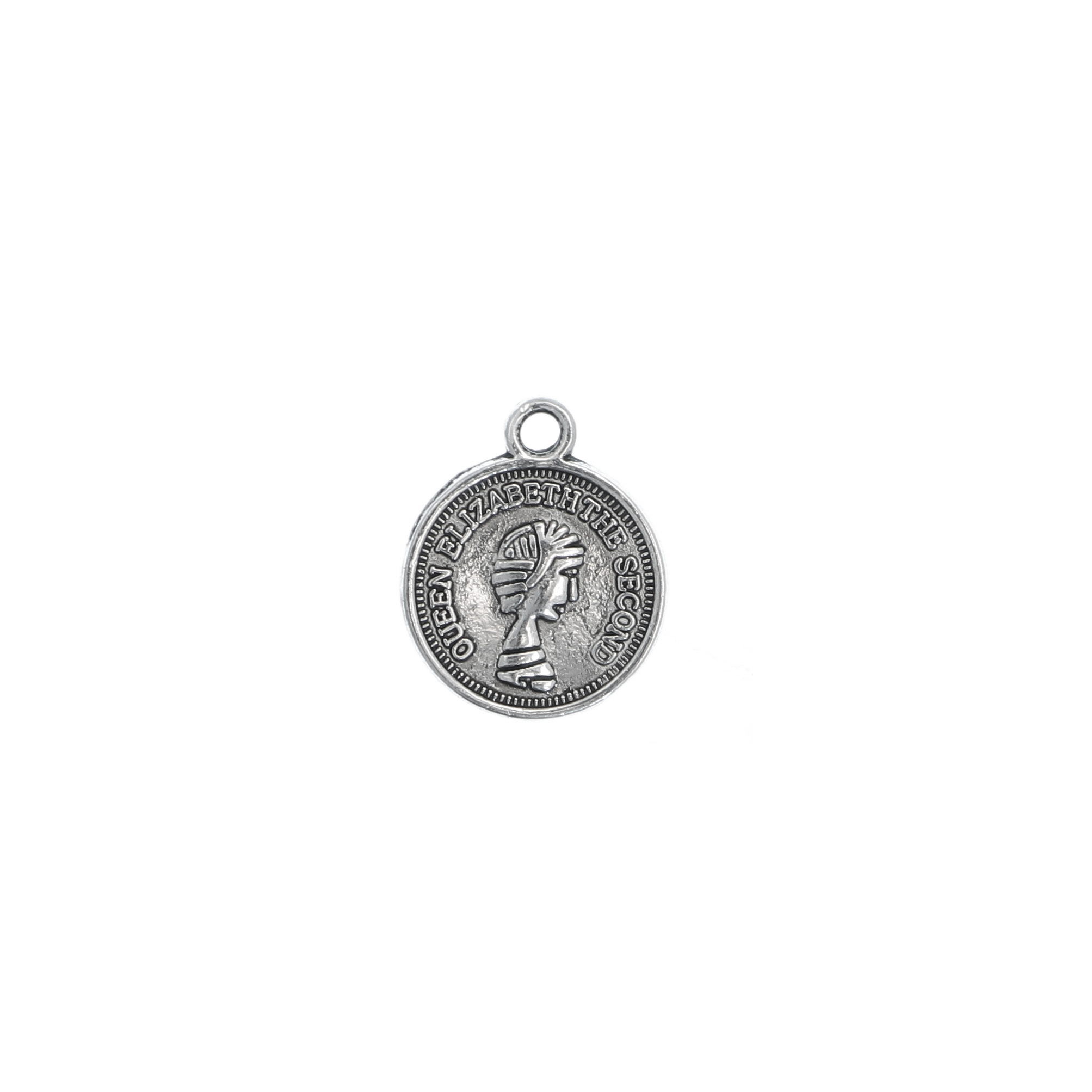 Ciondolo a forma di medaglia tonda, con disegno della Regina Elisabetta II, 16x13 mm.