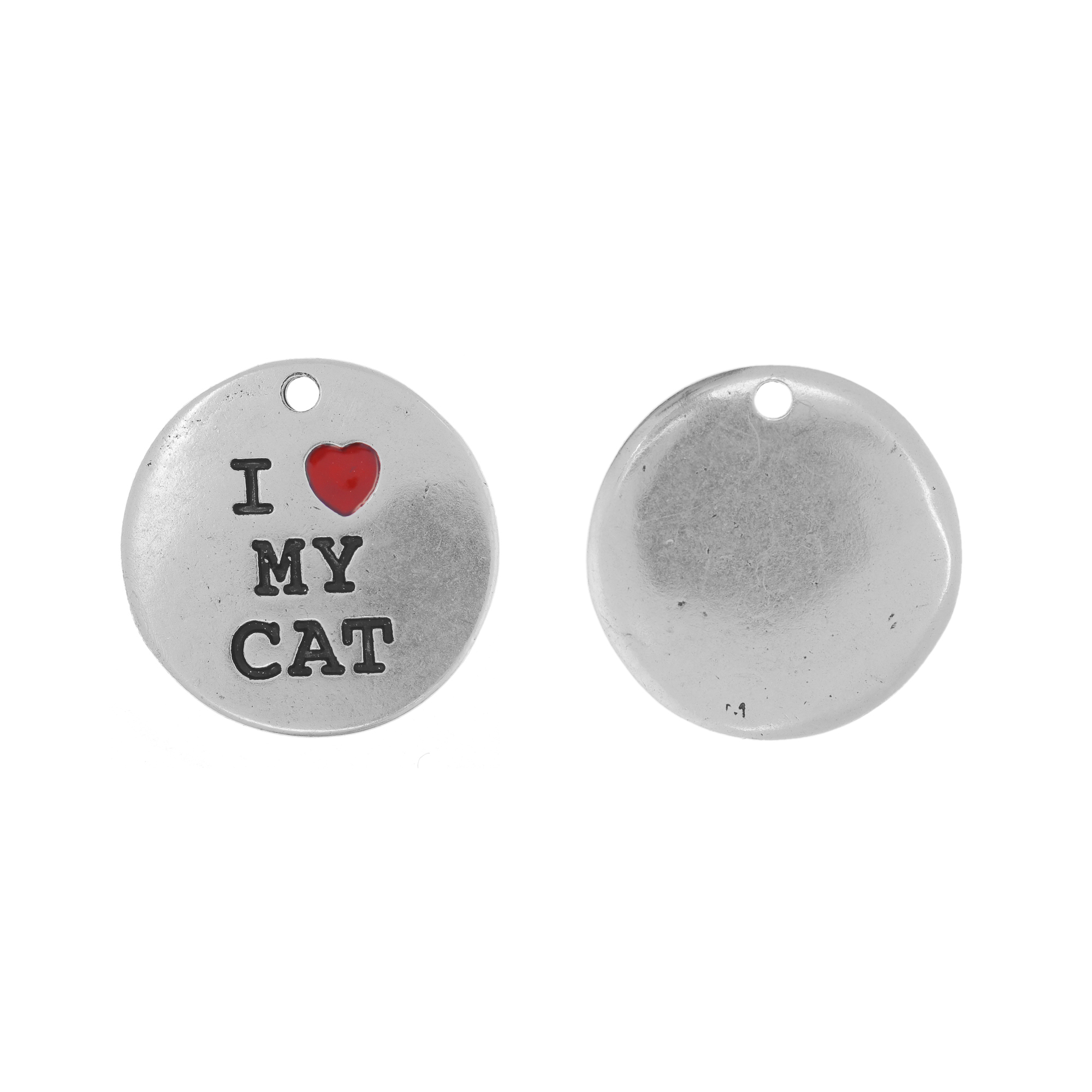 Ciondolo medaglia con scritta "I LOVE MY CAT'", diametro 21 mm.