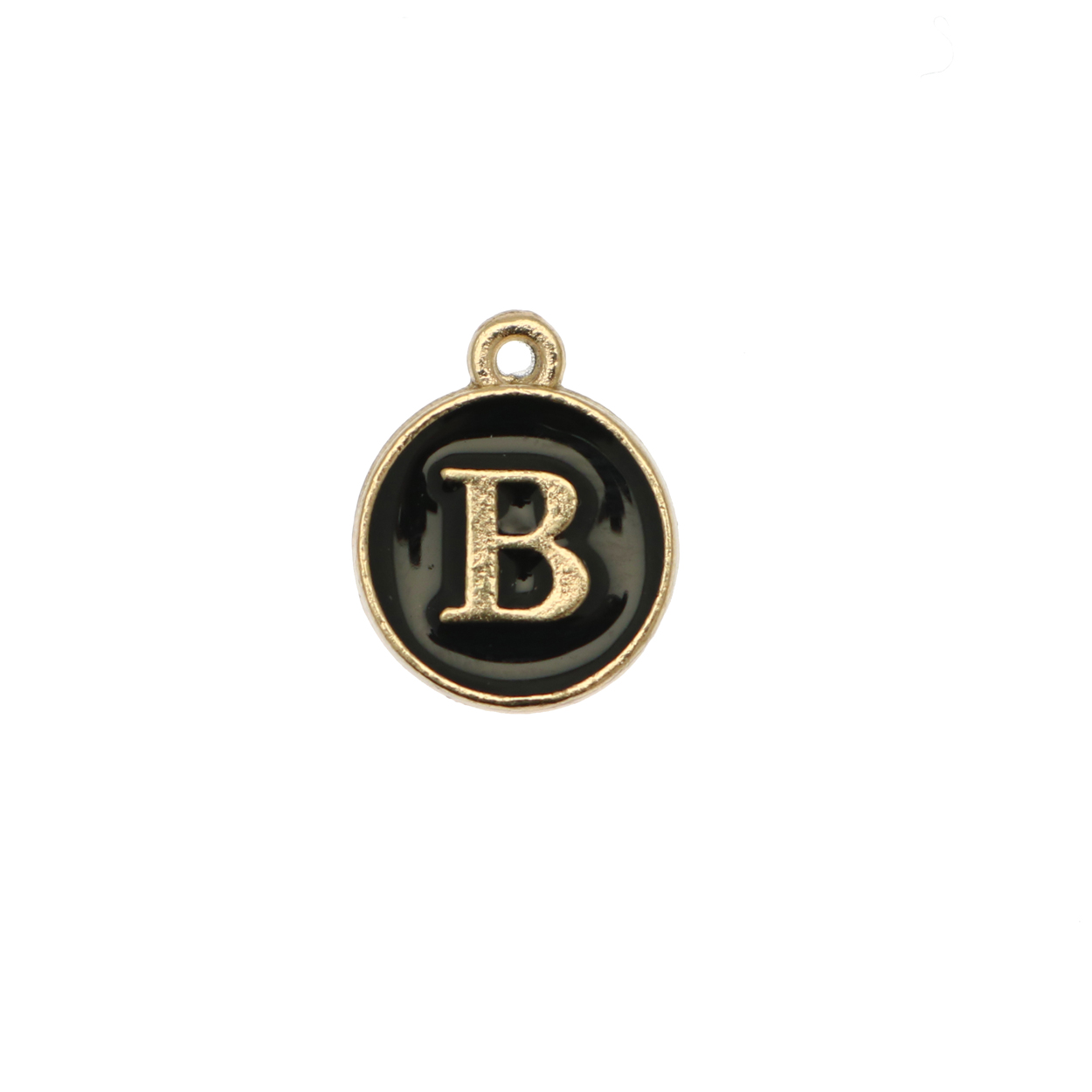  Ciondolo a forma di medaglia tonda con lettera "B", smaltata Nera, 12x14 mm.