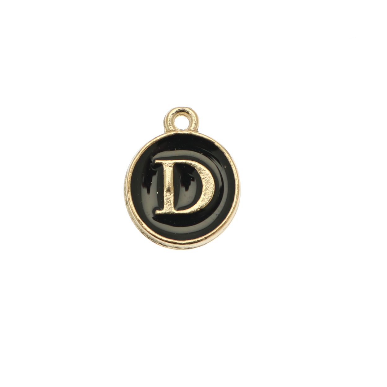  Ciondolo a forma di medaglia tonda con lettera "D", smaltata Nera, 12x14 mm.