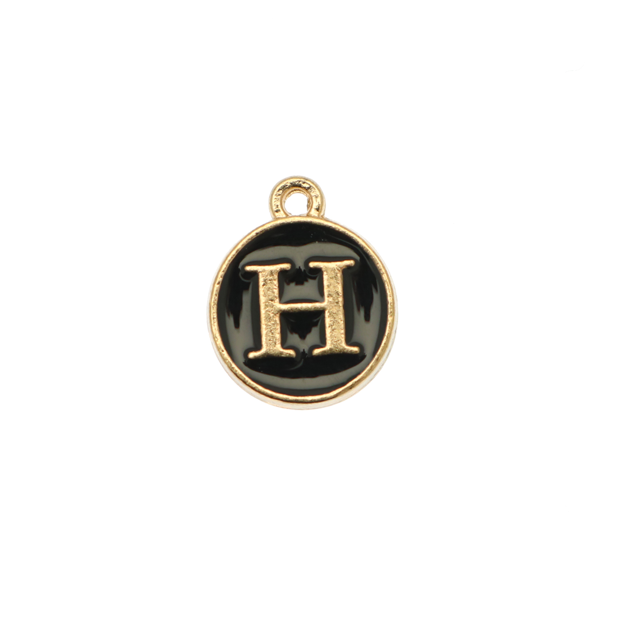  Ciondolo a forma di medaglia tonda con lettera "H", smaltata Nera, 12x14 mm.