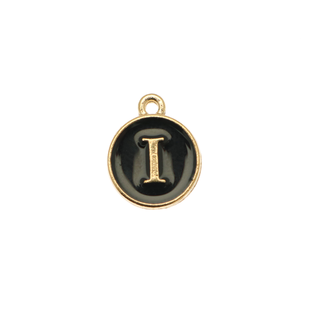  Ciondolo a forma di medaglia tonda con lettera "I", smaltata Nera, 12x14 mm.