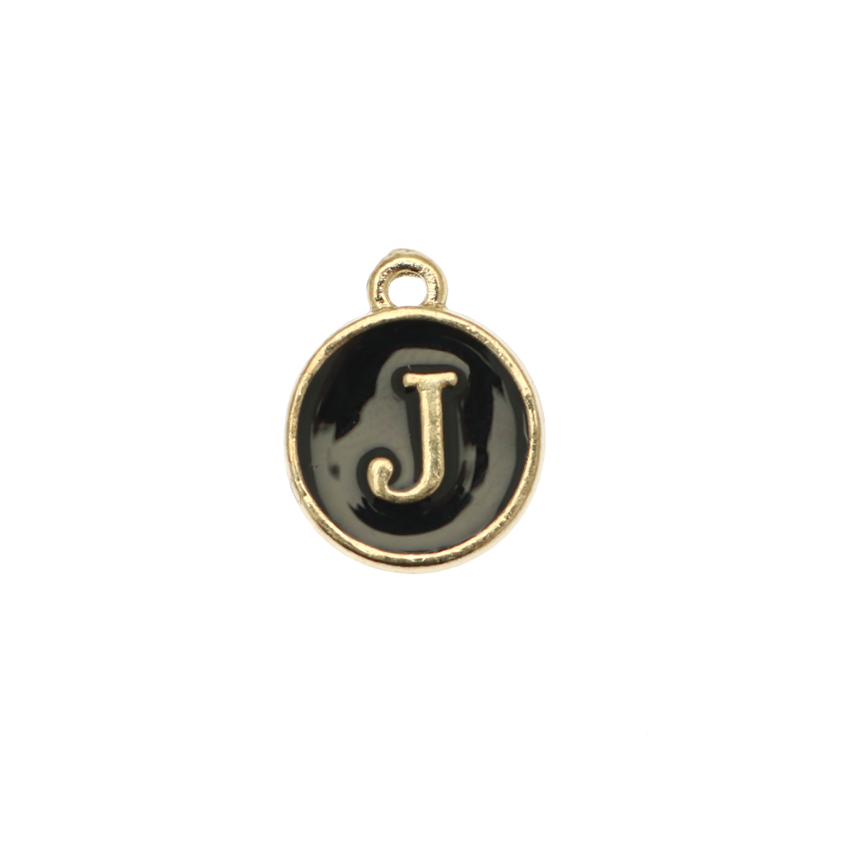  Ciondolo a forma di medaglia tonda con lettera "J", smaltata Nera, 12x14 mm.