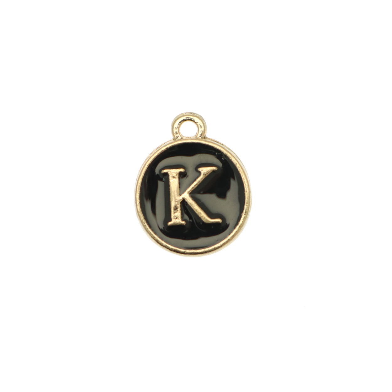  Ciondolo a forma di medaglia tonda con lettera "K", smaltata Nera, 12x14 mm.