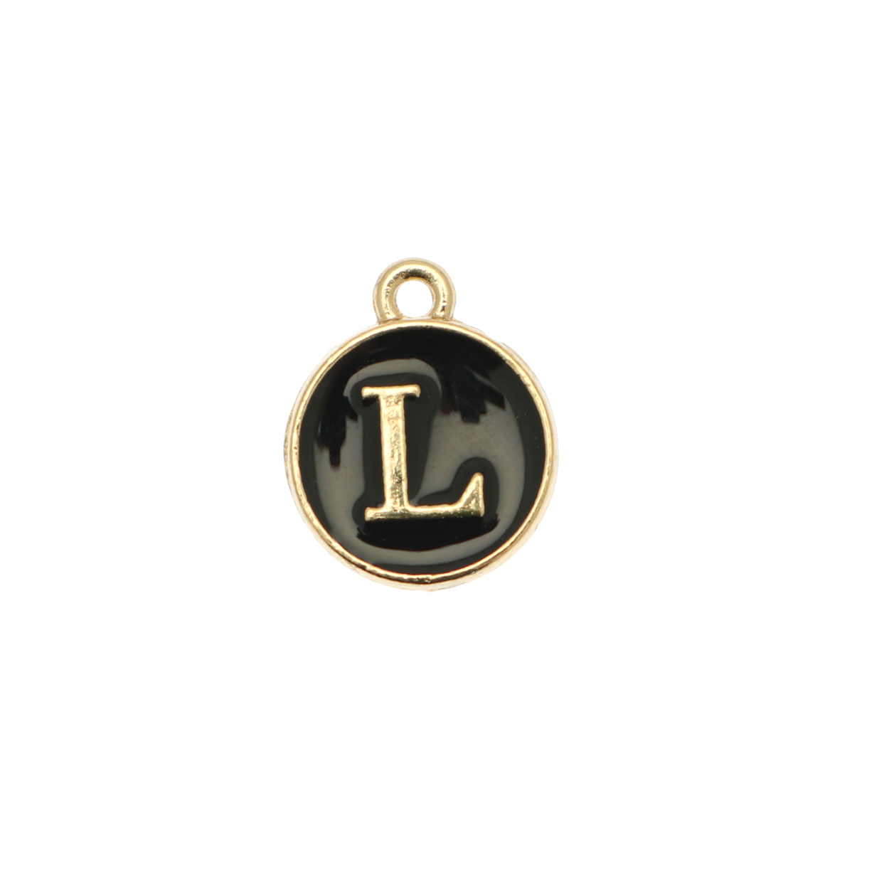  Ciondolo a forma di medaglia tonda con lettera "L", smaltata Nera, 12x14 mm.