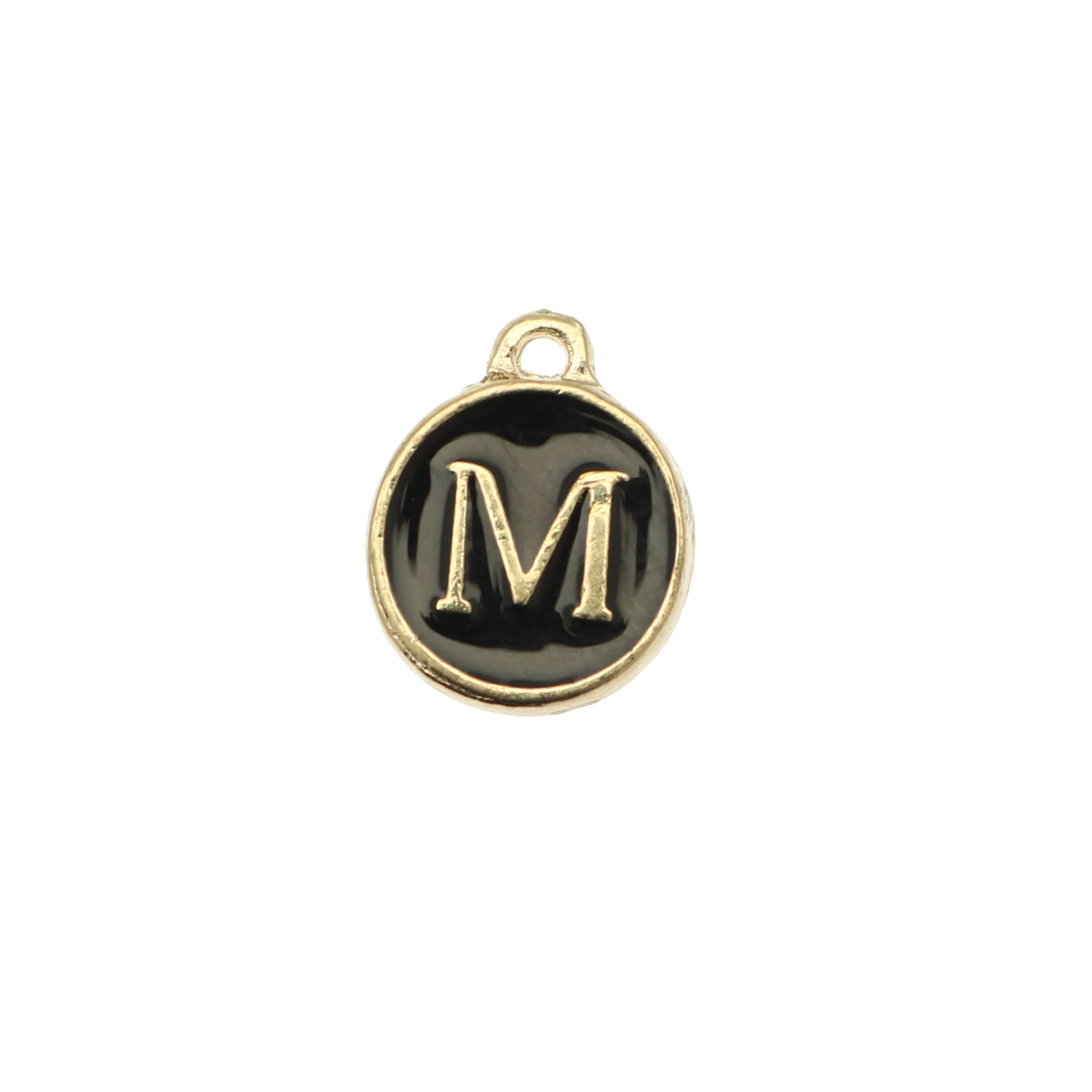  Ciondolo a forma di medaglia tonda con lettera "M", smaltata Nera, 12x14 mm.