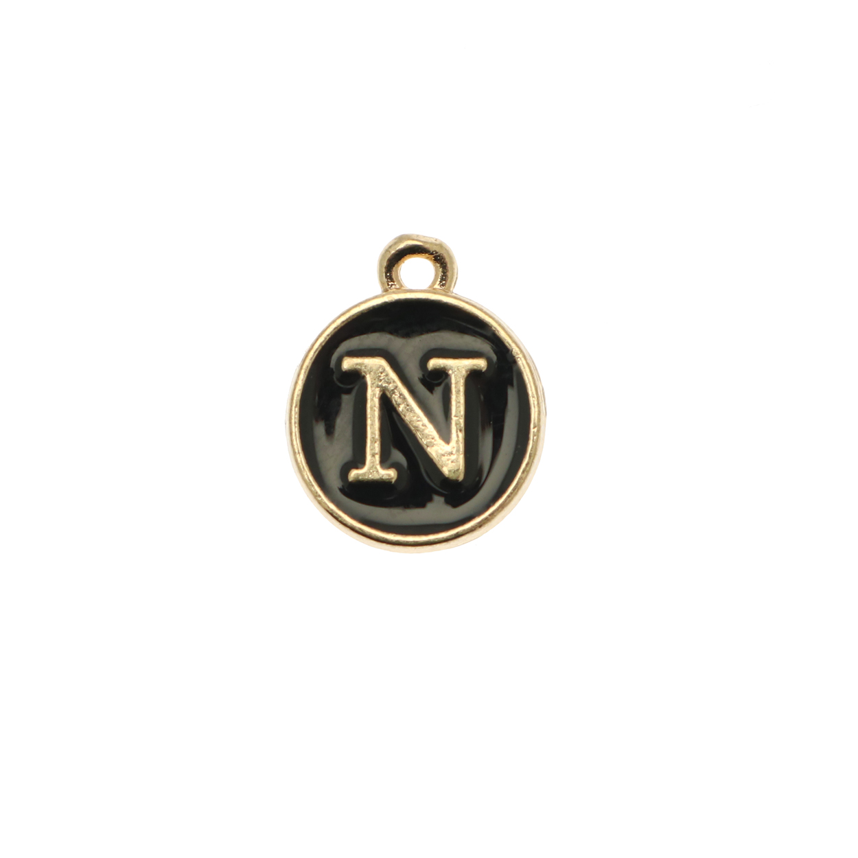  Ciondolo a forma di medaglia tonda con lettera "N", smaltata Nera, 12x14 mm.