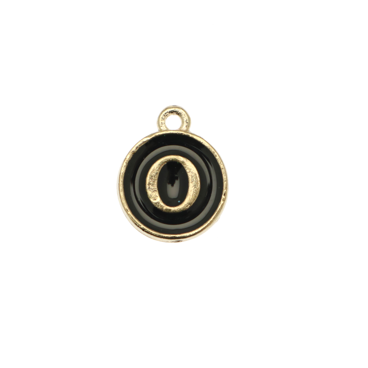  Ciondolo a forma di medaglia tonda con lettera "O", smaltata Nera, 12x14 mm.