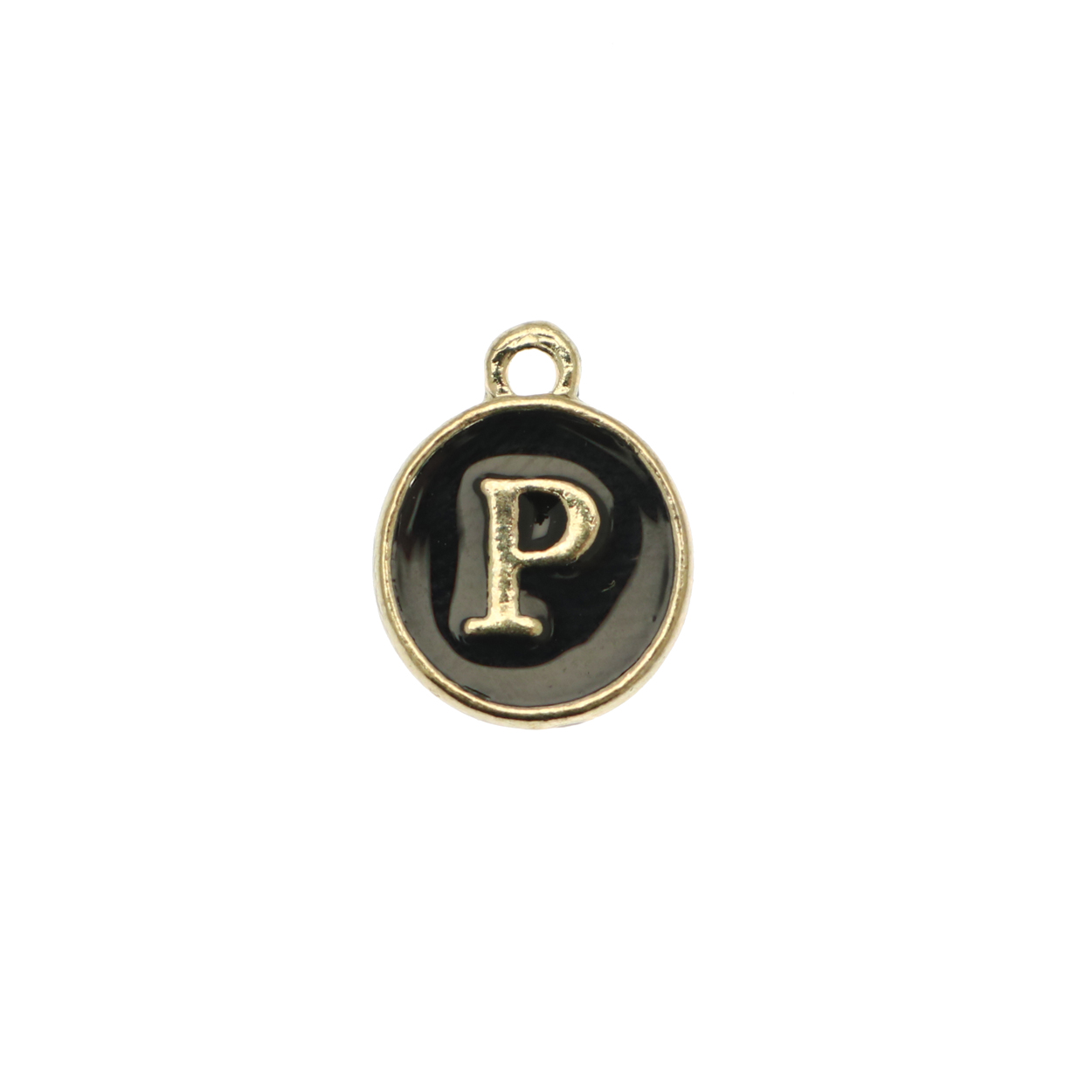  Ciondolo a forma di medaglia tonda con lettera "P", smaltata Nera, 12x14 mm.