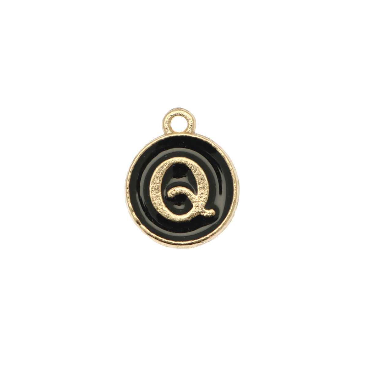  Ciondolo a forma di medaglia tonda con lettera "Q", smaltata Nera, 12x14 mm.
