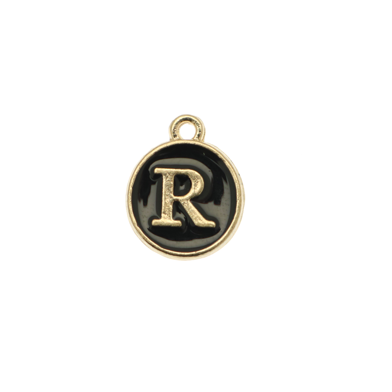  Ciondolo a forma di medaglia tonda con lettera "R", smaltata Nera, 12x14 mm.