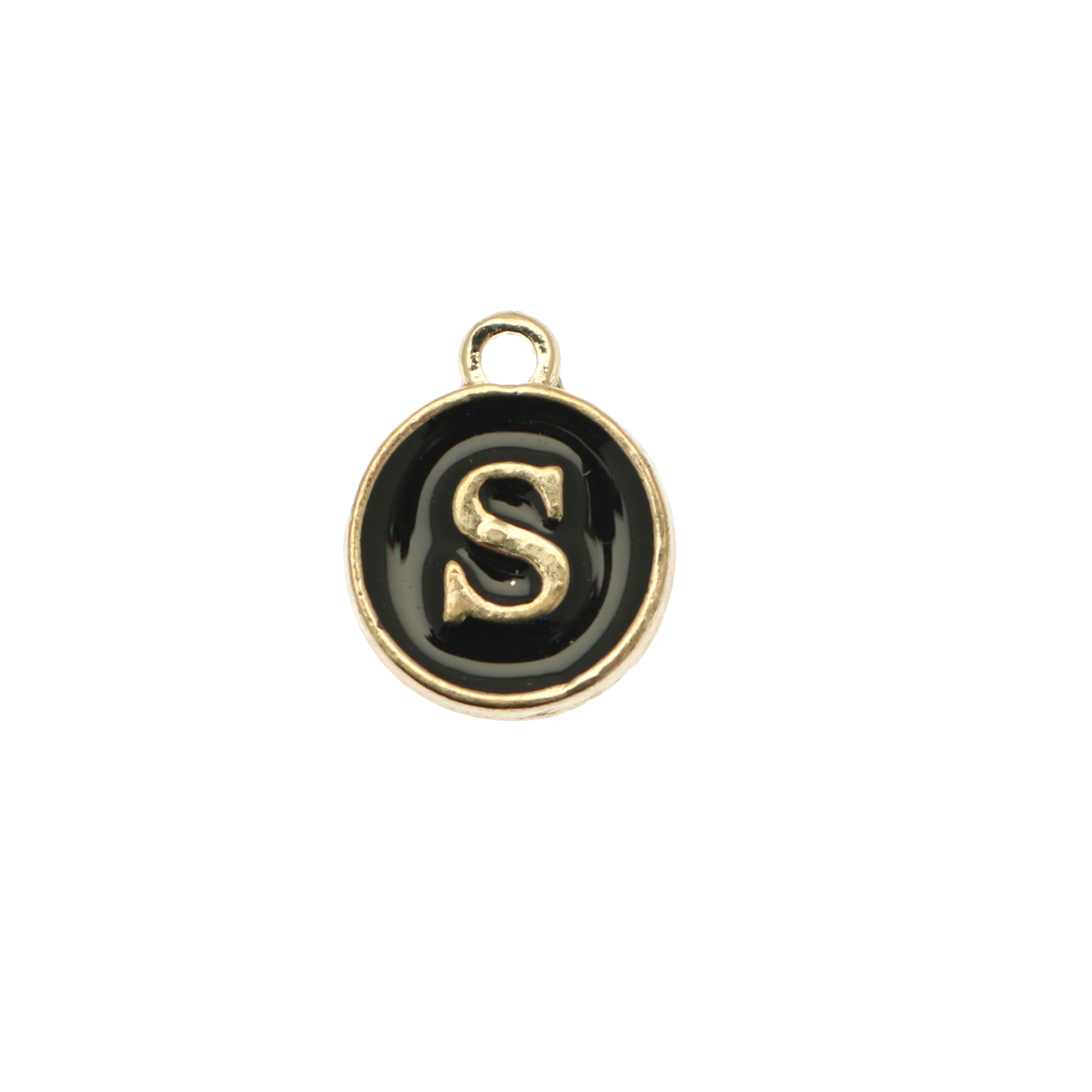  Ciondolo a forma di medaglia tonda con lettera "S", smaltata Nera, 12x14 mm.