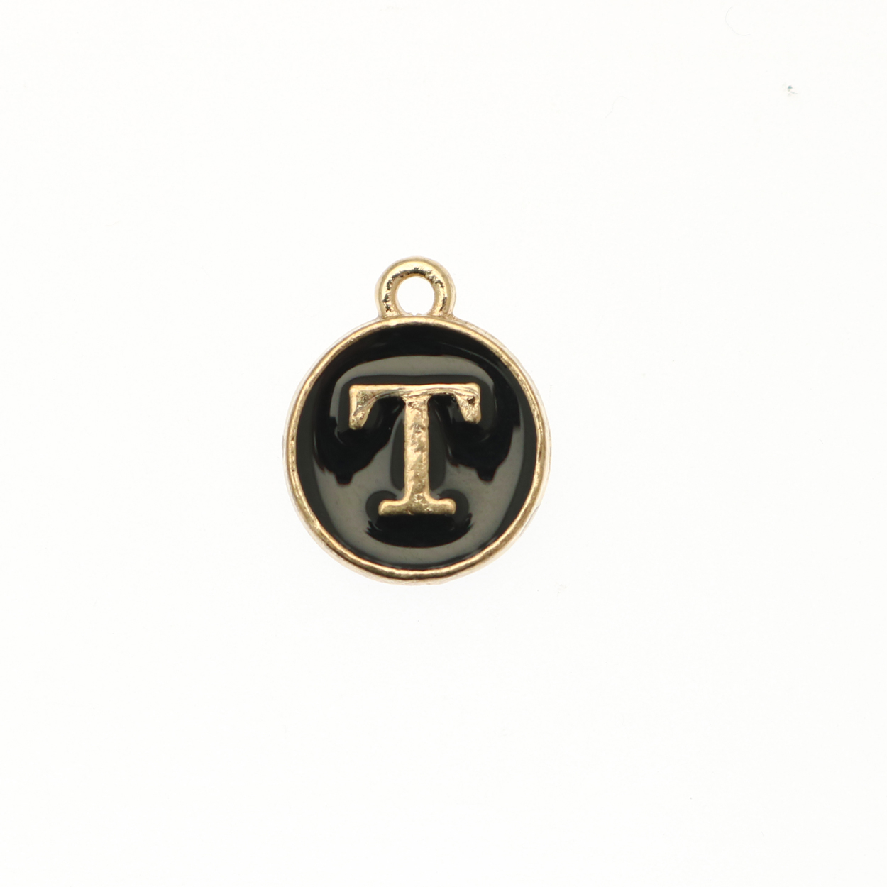  Ciondolo a forma di medaglia tonda con lettera "T", smaltata Nera, 12x14 mm.