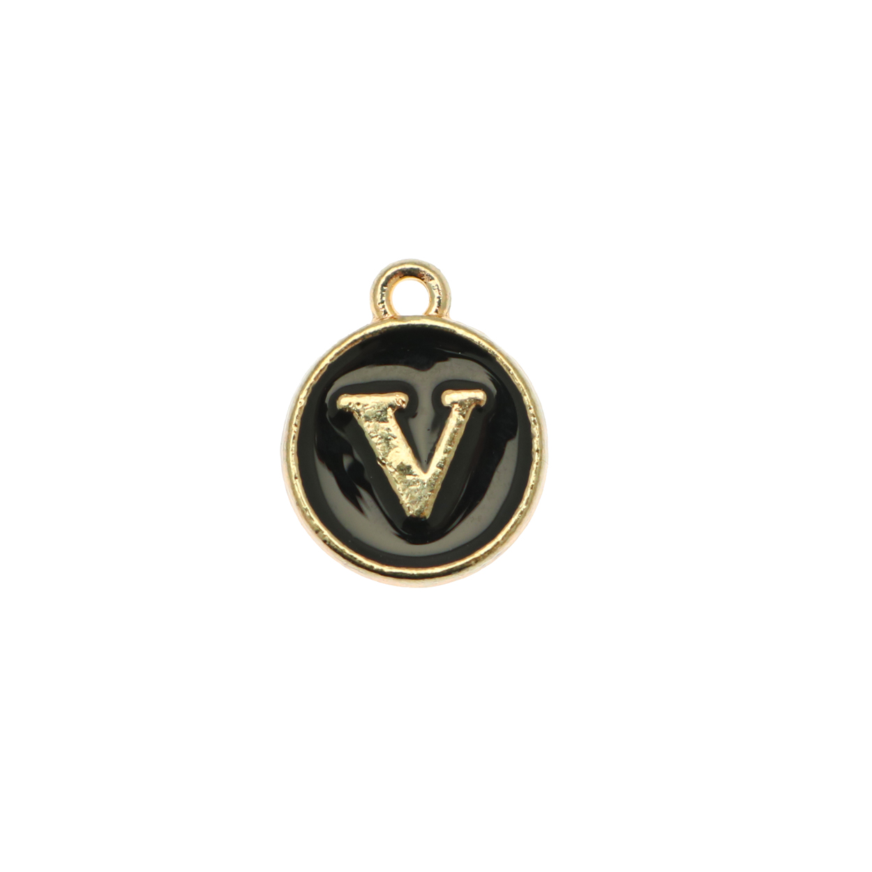  Ciondolo a forma di medaglia tonda con lettera "V", smaltata Nera, 12x14 mm.