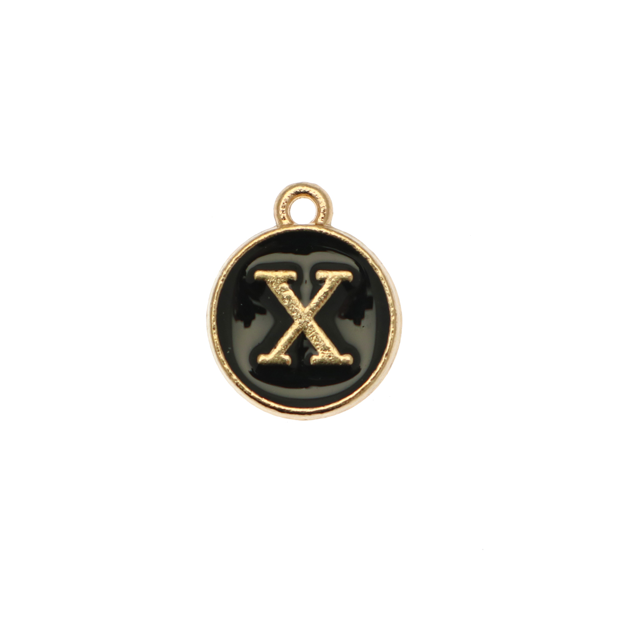  Ciondolo a forma di medaglia tonda con lettera "X", smaltata Nera, 12x14 mm.
