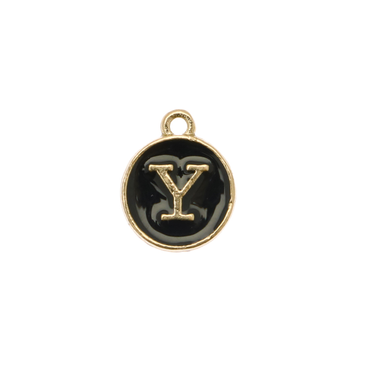  Ciondolo a forma di medaglia tonda con lettera "Y", smaltata Nera, 12x14 mm.