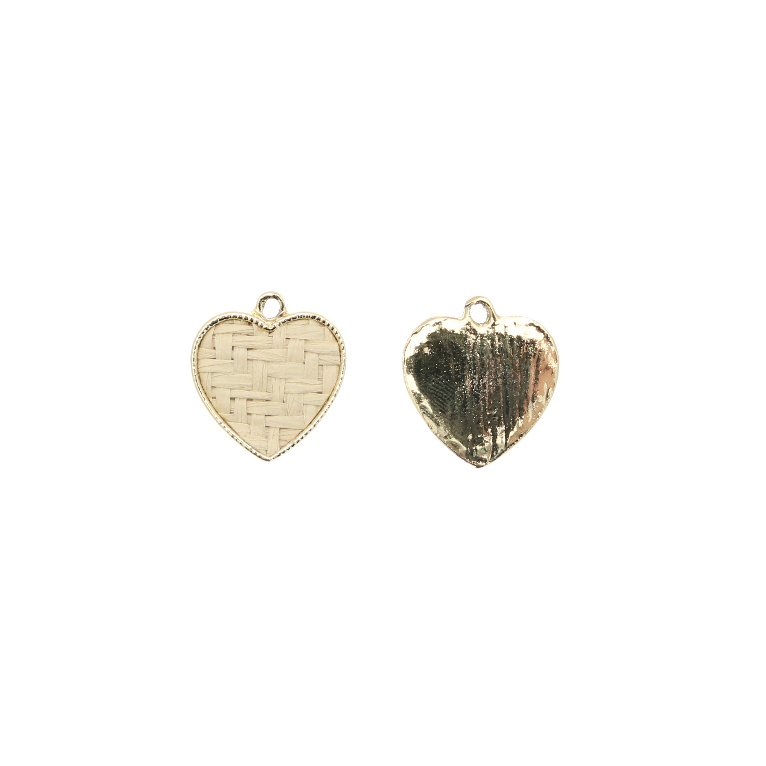 Ciondolo a forma di cuore, piatto, con rattan naturale, 20x21 mm.