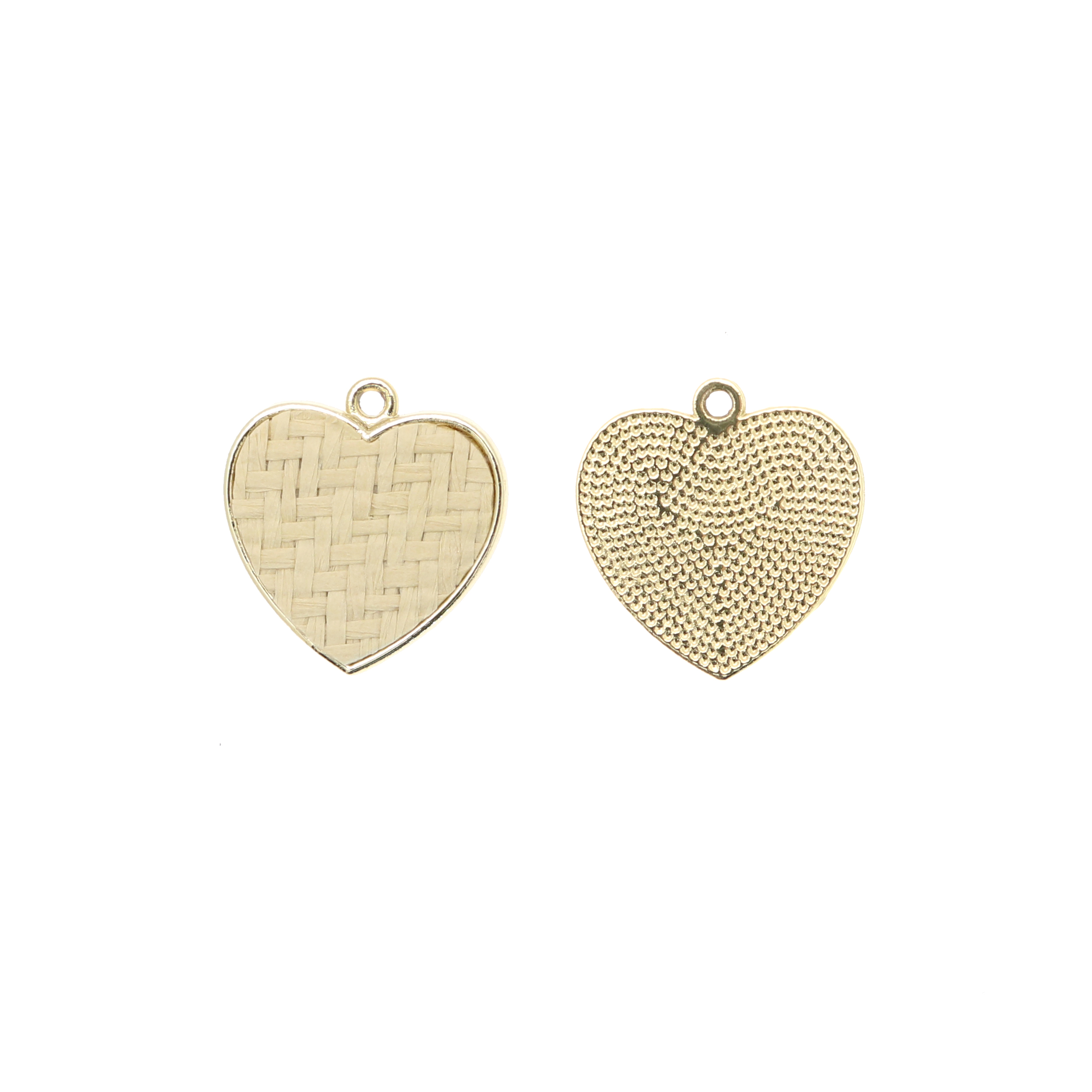Ciondolo a forma di cuore, piatto, con rattan naturale, 25x26 mm.
