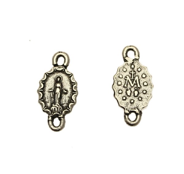 Distanziatore a forma di medaglia ovale con Madonna, con due anelli, 10x20 mm.