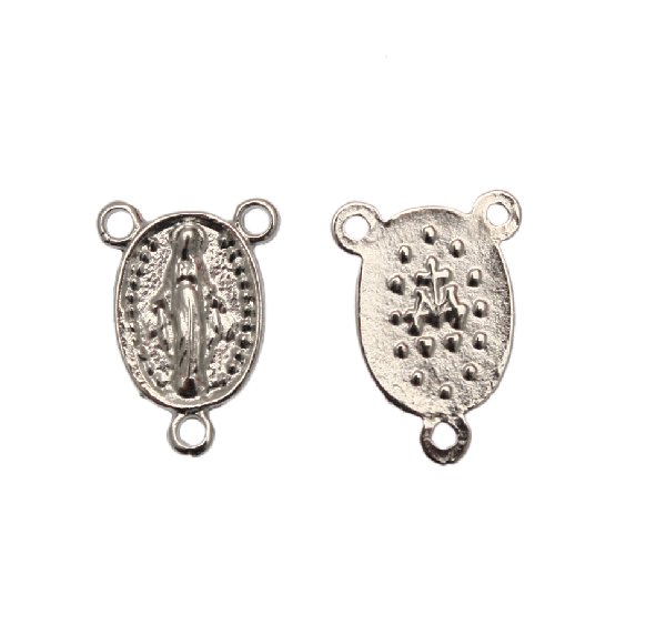 Distanziatore a forma di medaglia ovale con Madonna, con tre anelli, 13x19 mm.