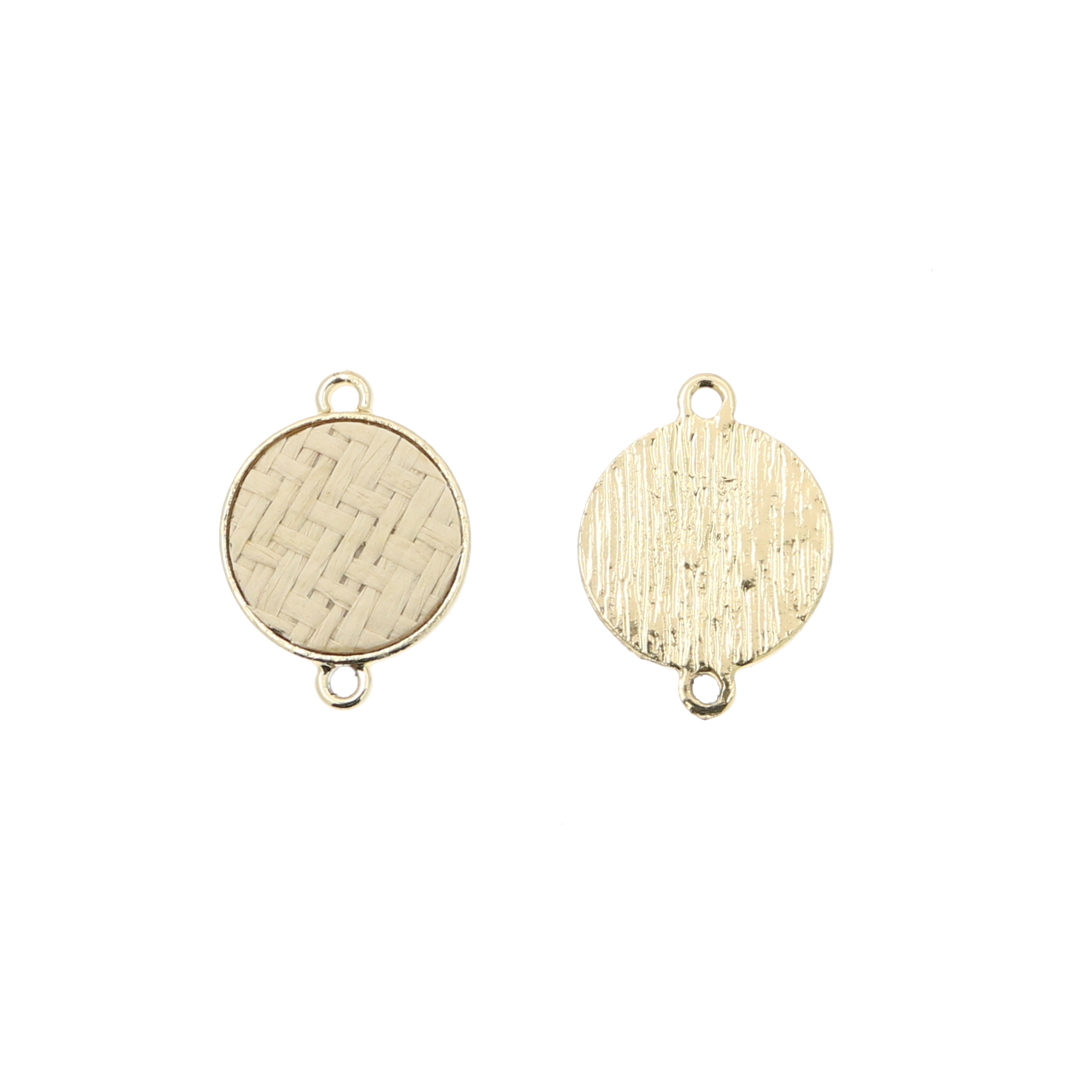Elemento doppio anello, a forma di tondo, con rattan naturale, 20x27 mm.