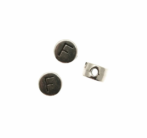 Distanziatore tondo piatto liscio, con disegno lettera "F", 7x4 mm.