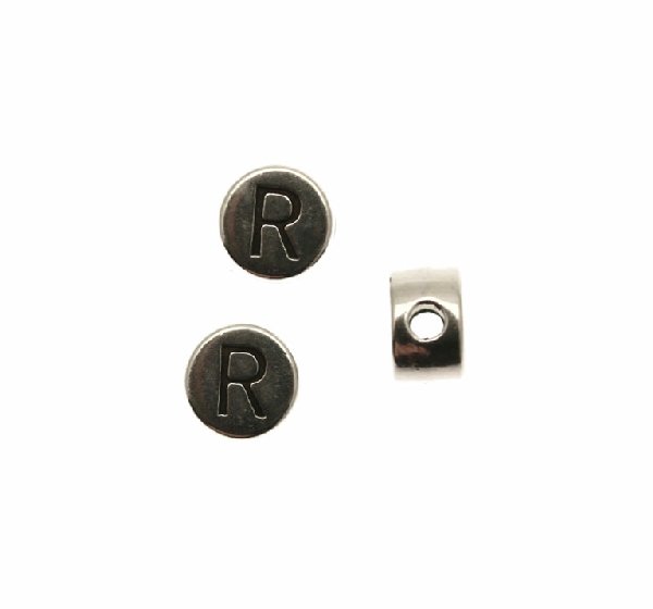 Distanziatore tondo piatto liscio, con disegno lettera "R", 7x4 mm.