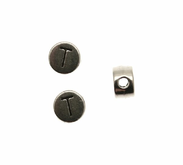 Distanziatore tondo piatto liscio, con disegno lettera "T", 7x4 mm.