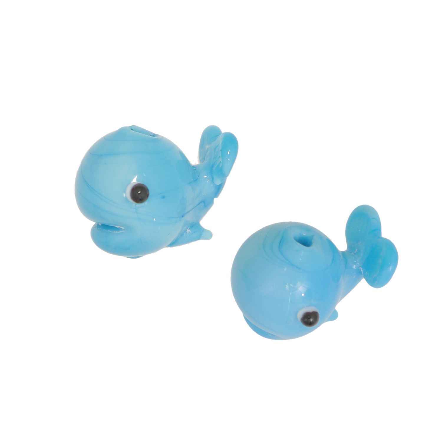 Balena in vetro colore Azzurro, con foro passante di 1.8mm., misura 13x17x22 mm.,