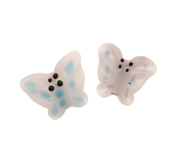 Farfalla in vetro colorato, foro passante, 20x25 mm., Rosa con pois azzurri