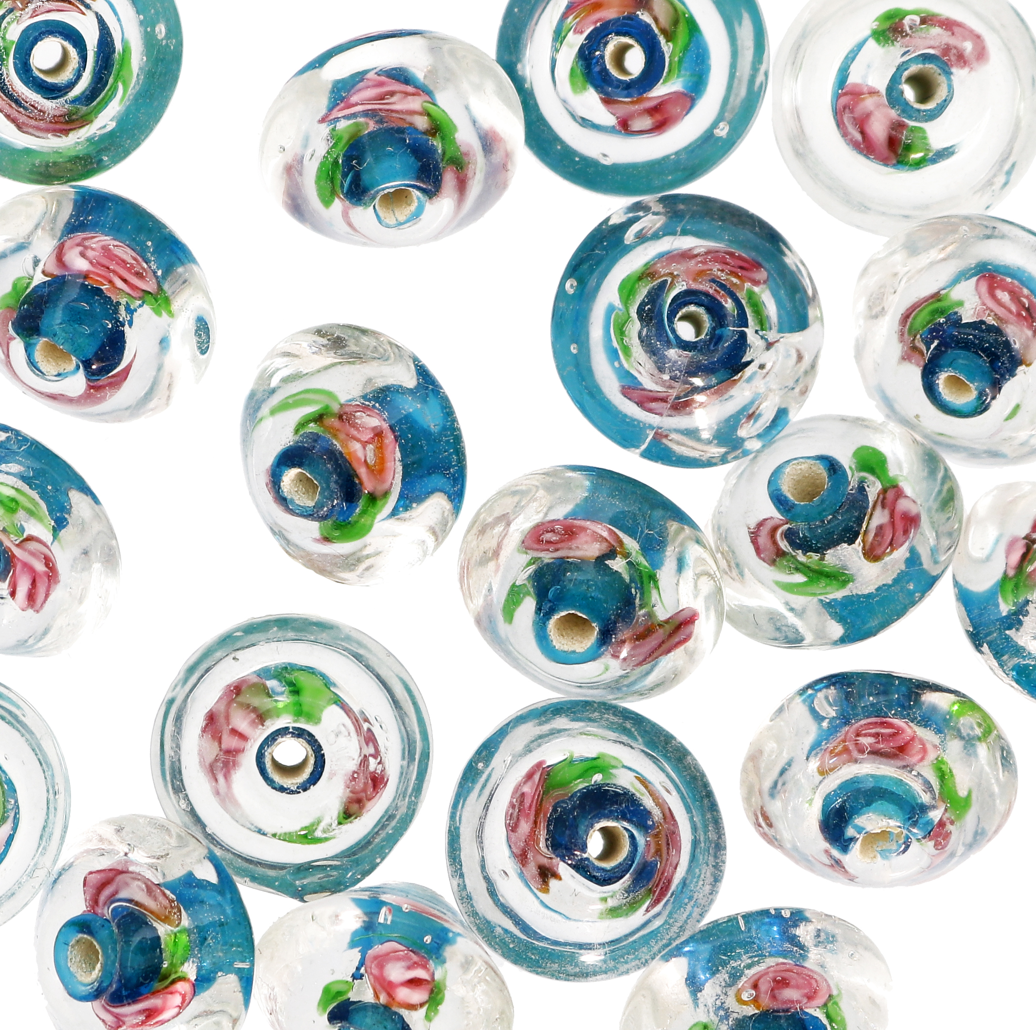 Murrina con foglia argento all'interno, a forma di bicono, 15 mm., con foro passante, colore Blu