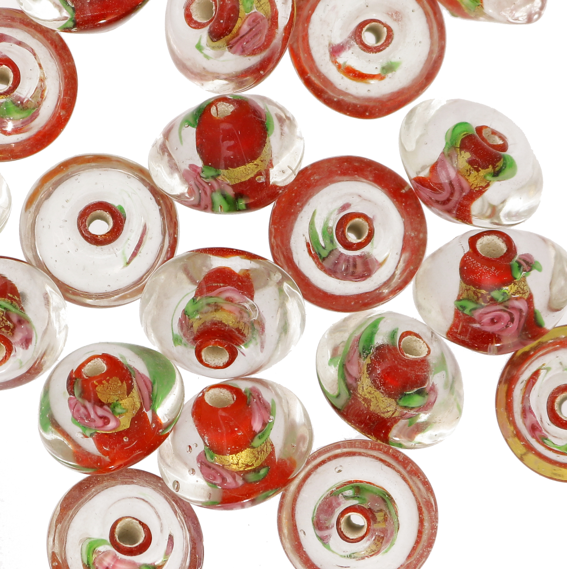 Murrina con foglia oro all'interno, a forma di bicono, 15 mm., con foro passante, colore Rosso