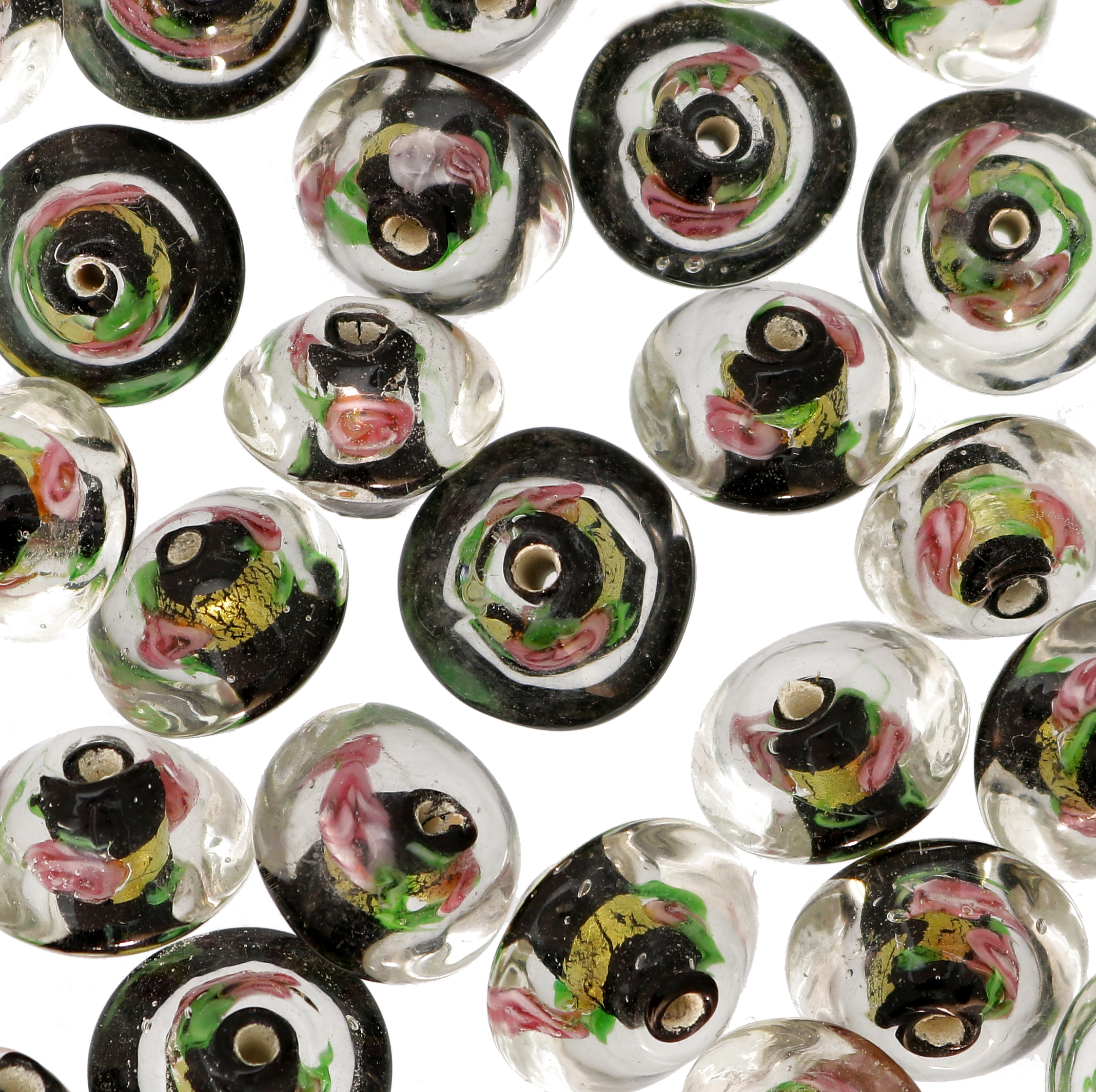 Murrina con foglia argento all'interno, a forma di bicono, 15 mm., con foro passante, colore Nero
