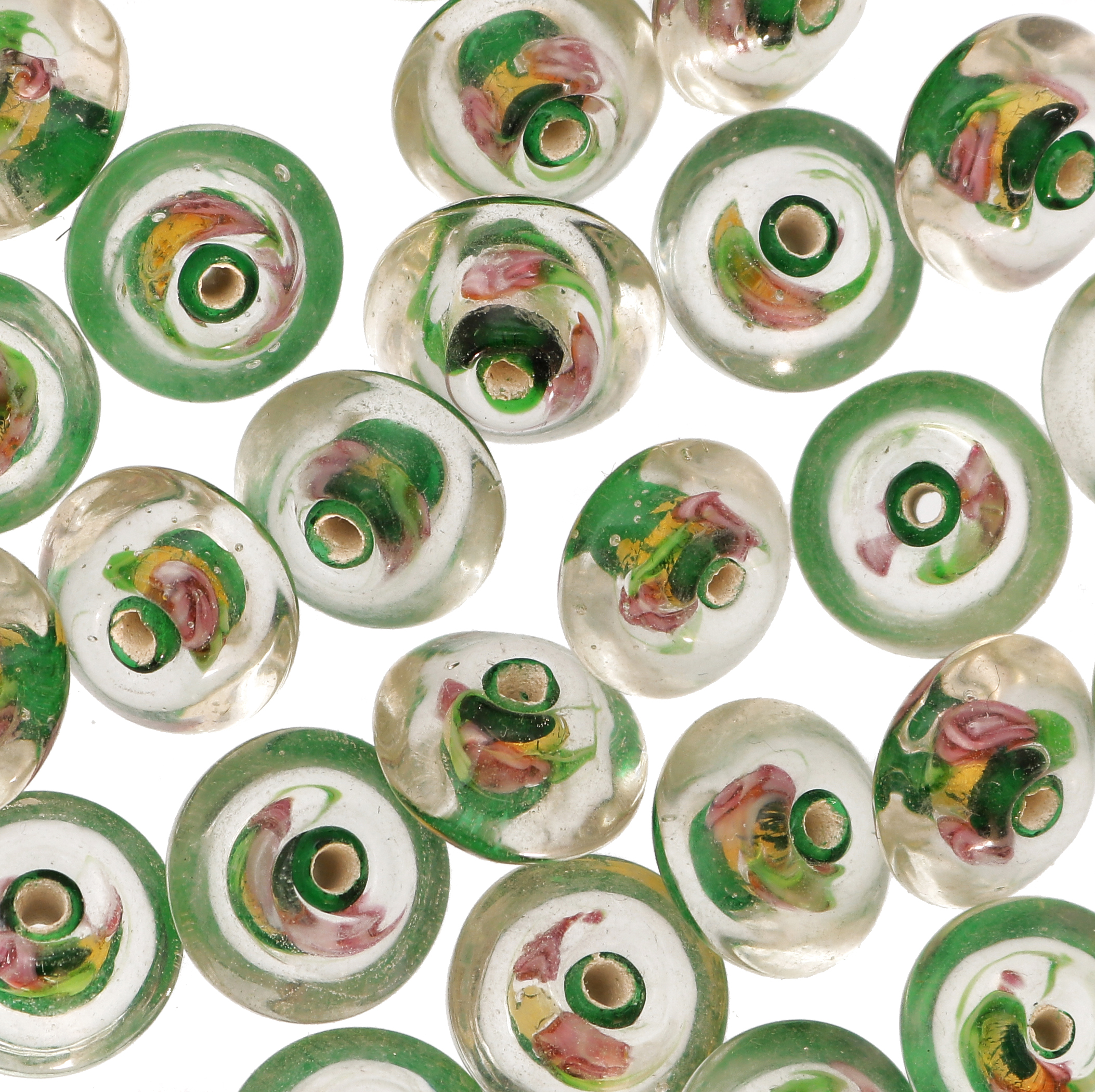 Murrina con foglia oro all'interno, a forma di bicono, 15 mm., con foro passante, colore Verde