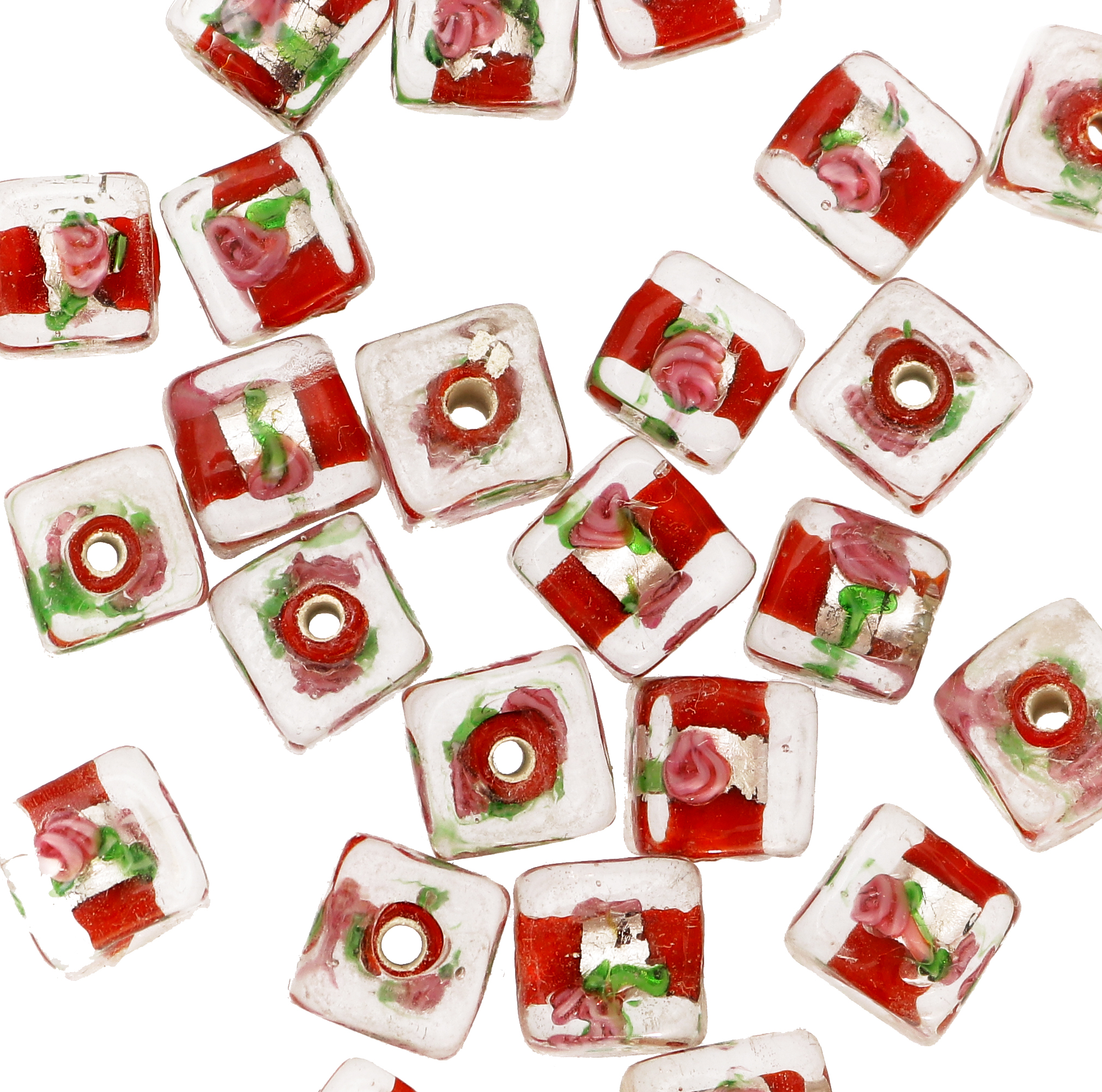 Murrina con foglia argento all'interno, a forma di cubo, 10 mm., con foro passante, colore Rosso