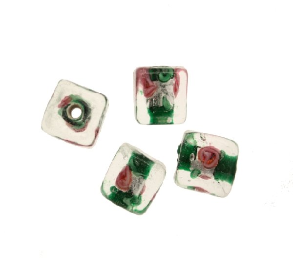 Murrina con foglia argento all'interno, a forma di cubo, 10 mm., con foro passante, colore Verde