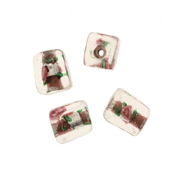 Murrina con foglia argento all'interno, a forma di cubo, 10 mm., con foro passante, colore Ametista