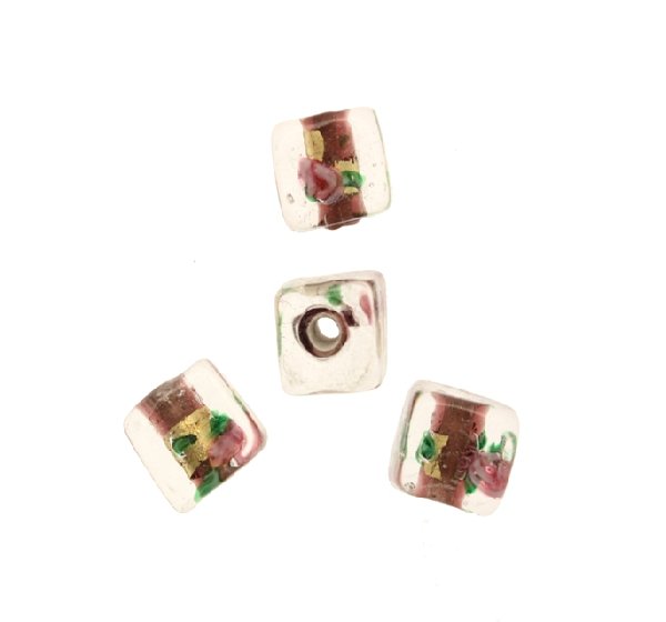 Murrina con foglia oro all'interno, a forma di cubo, 10 mm., con foro passante, colore Ametista